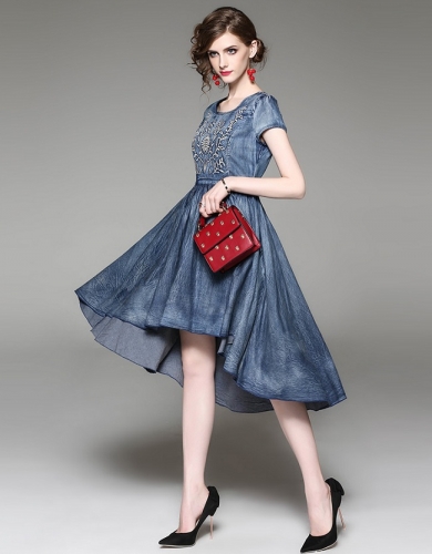 BLUE WASH EMBROIDERED HIGH LOW DENIM DRESS